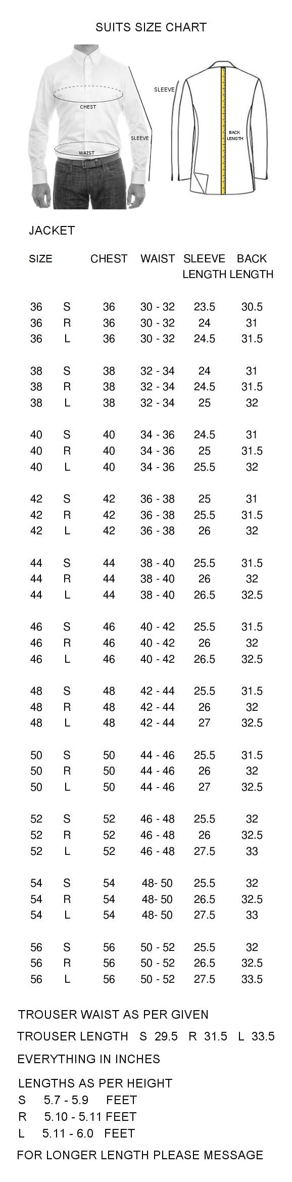 Size Chart For customized suits, tuxedos, suits and blazers, uniforms